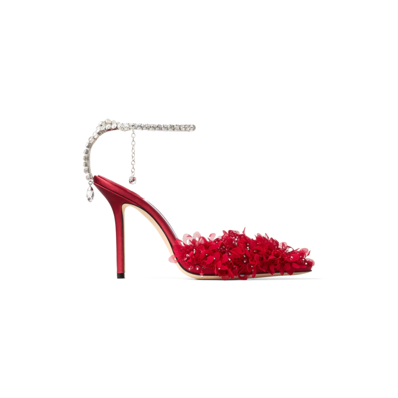 JIMMY CHOO SAEDA 100 RUBY RED MESH PUMPS WITH PETAL EMBROIDERY SAEDA100BSR